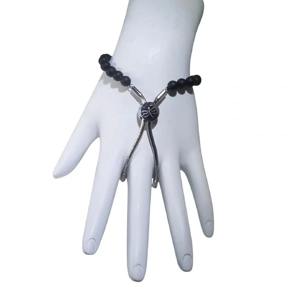 Black Agate Bracelet 5mm Beads Stainless Steel Unique Pull with Dragonfly Symbol - Picture 3 of 3